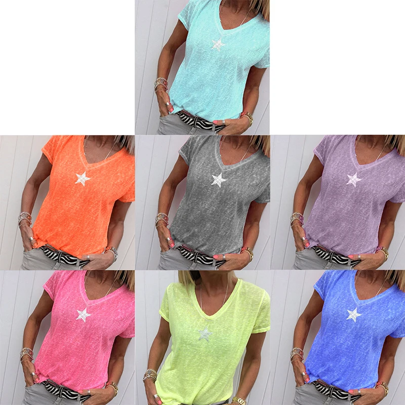 Футболка женская с блестками и принтом звезд Модный повседневный Свободный