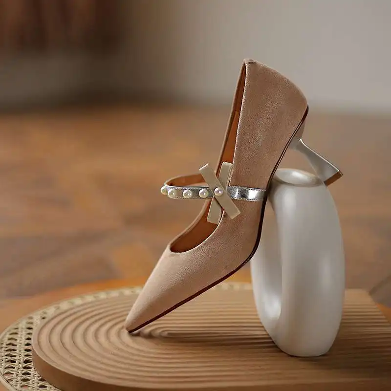 

Krazing Pot hot sheep suede pointed toe strange high heels pearl butterfly-knot decoration Korean street elegant women pumps L46