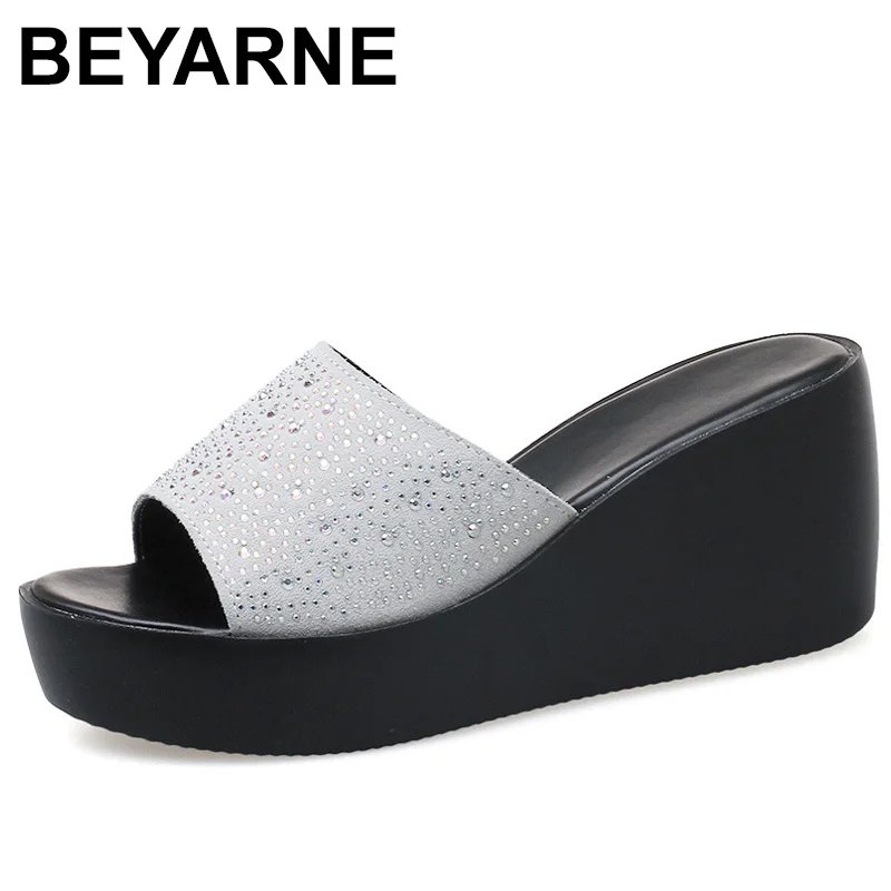 

BEYARNE 2020 summer women slippers shoes woman platform new diamond design Bling slides suede leather shoes women wedges slides