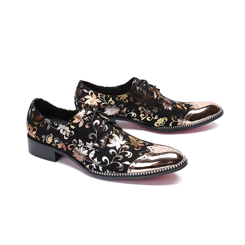 Модные Мужские модельные туфли в деловом стиле с золотым носком украшенные