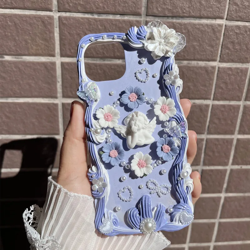 

Handmade Case For iPhone 13 pro max DIY phone shell iP 11 12 3D Flower Sakura Angel XS MAX XR Baroque Cream Customized Cover 7/8