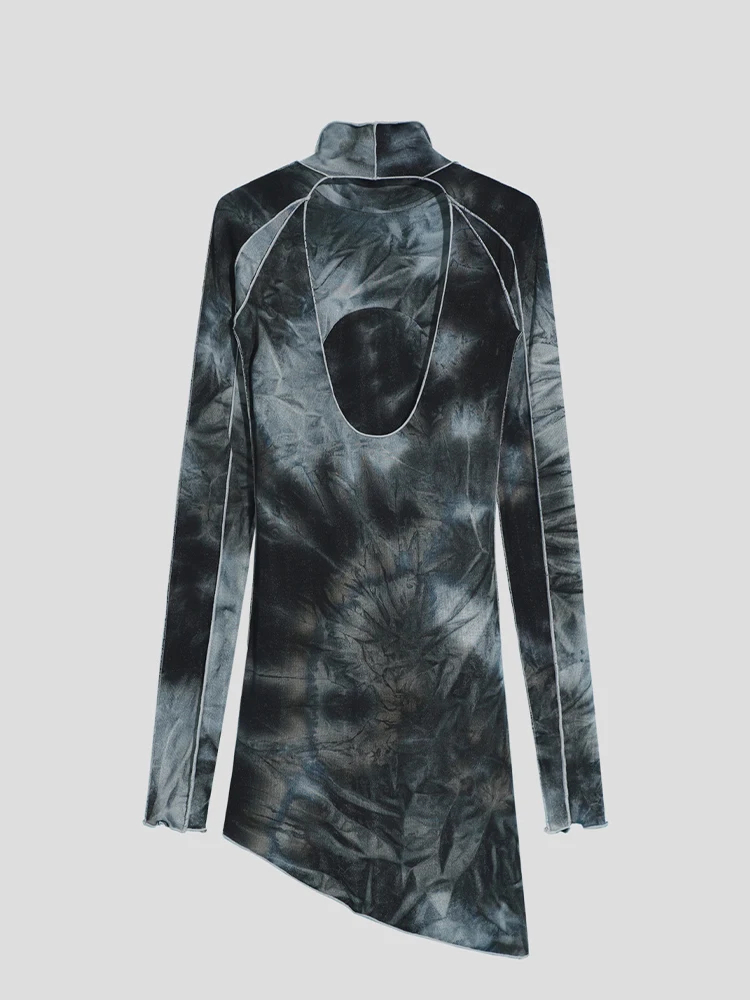 

Sexy Backless Elastic Dress Women Chic Tie-Dye Full Sleeve Turtleneck Thin Slim Dresses For Women Spring Women Clothing SL217