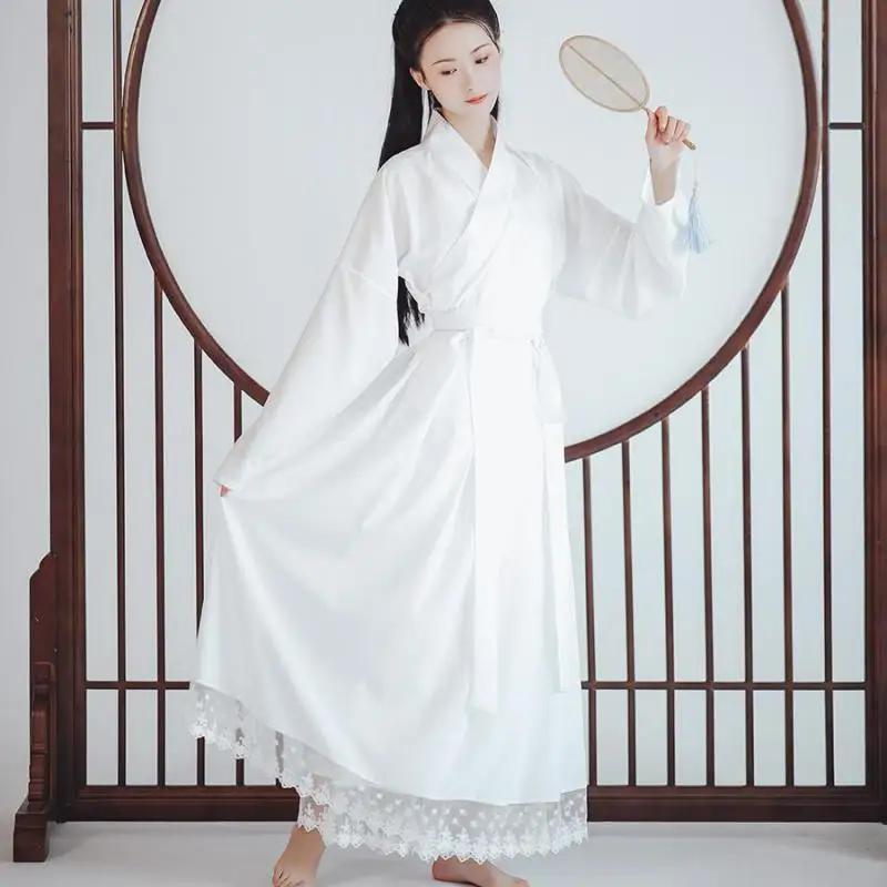 

Autumu New Hanfu Suit Cosplay Costumes Improved Lace Shirt And Dress+Pants White Cross Collar Novelty Stage Performance Clothing