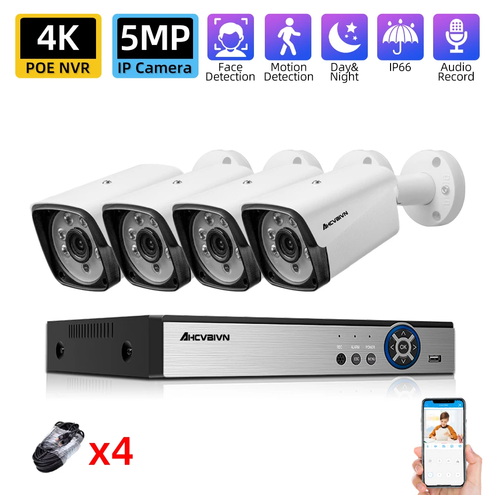 

AHCVBIVN H.265 4CH 5MP POE Security Camera System Kit Record IP Camera IR Outdoor Waterproof CCTV Video Surveillance 4K NVR Set