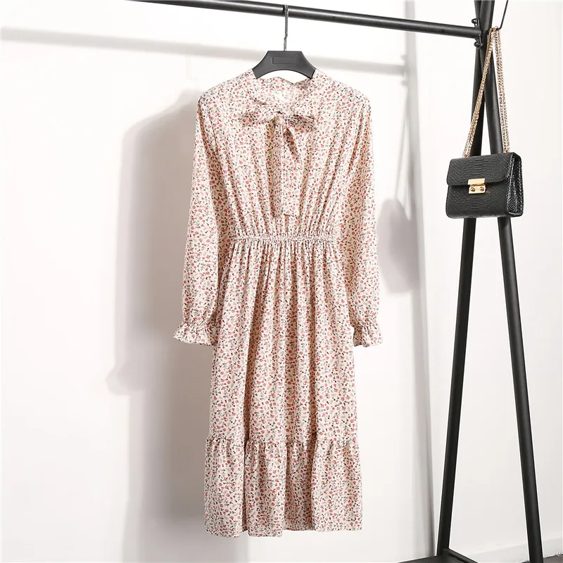 

Women's Chiffon Dress Elastic Waist A-line Flare Sleeve Bohemian Bow-neck Printed Dresses Femme Female Vestidos 2020 Autumn New