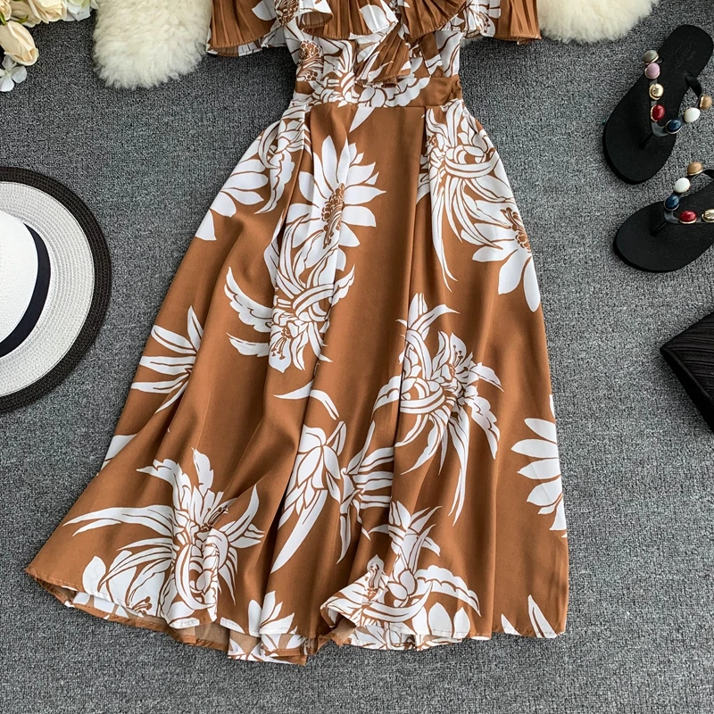 

Boho Ruffles Vintage Floral Print Summer Off Shoulder Midi Long Dress Party Women Casual Spaghetti Strap Beach Holiday Vestidos