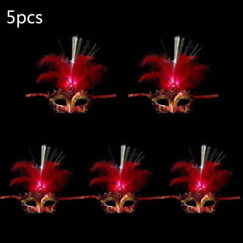 

M7DD 5Pcs/Set Women Venetian LED Fiber Feather Mask Shining Plated Masquerade Fancy Dress Luminous Half Face Cover Party Prop