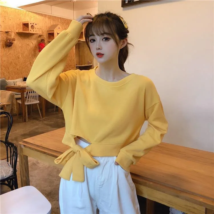 

2020 женские осенне-весенние толстовки, модные однотонные повседневные женские короткие крутые пуловеры с длинным рукавом и круглым вырезом ...