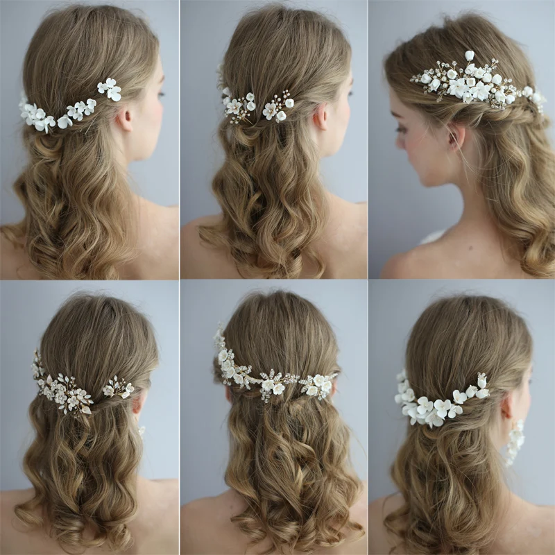 

Hot Sell Delicate Porcelain Flower Wedding Hair Jewelry Ceramic Floral Bridal Hair Comb Pins Handmade Women Prom Headpiece