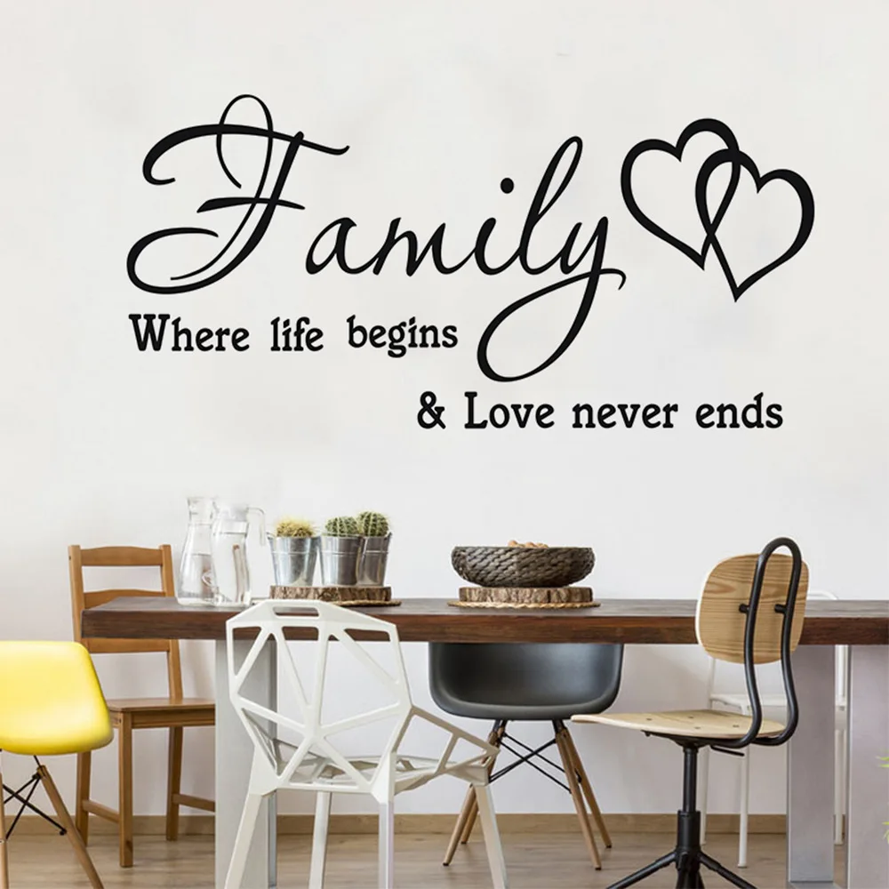Наклейки на стену Любовь Семья где начинается жизнь любовь никогда не