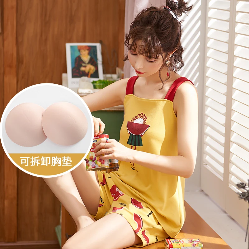 Женский Летний милый жилет из чистого хлопка комплект домашней одежды без
