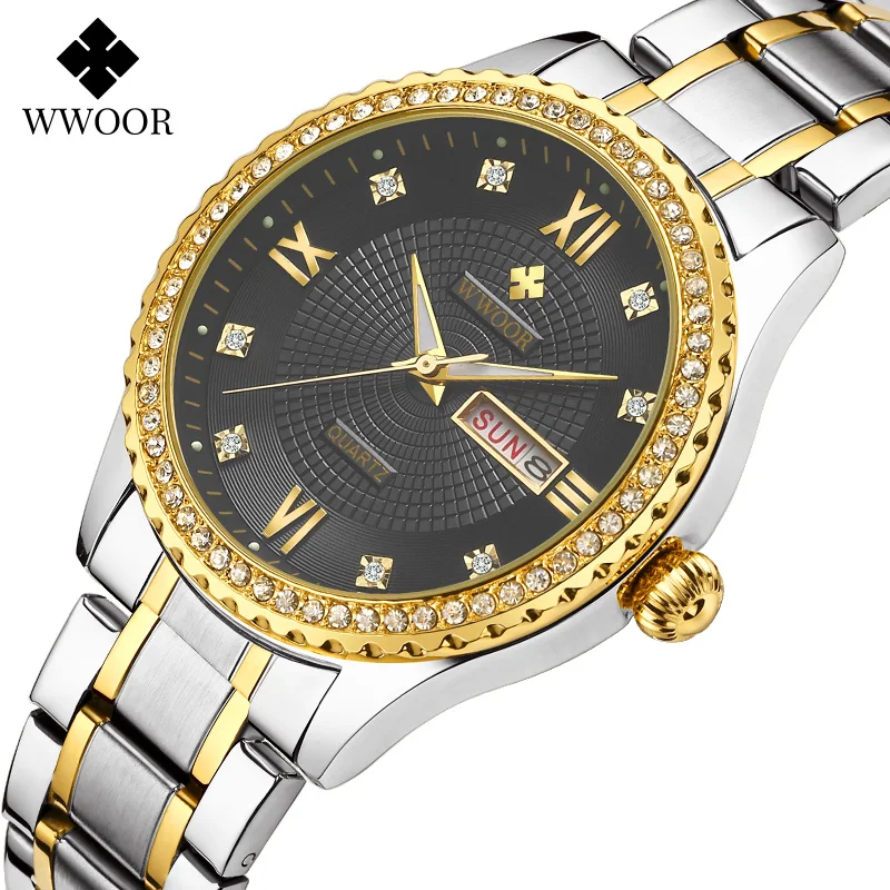 Reloj Hombre WWOOR Men Diamond Luminous Quartz Watch Top Brand Fashion Stainless Steel Calendar Wrist Watch Men Waterproof Clock
