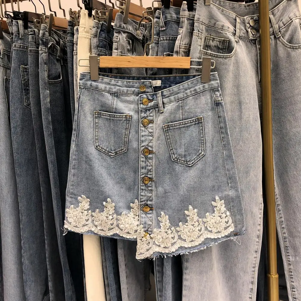 

Summer new denim short skirt high waist irregular rough edge wide leg A-line hot pants