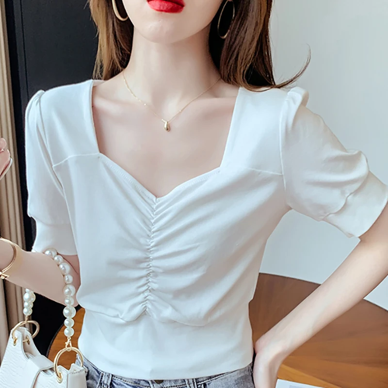 

Pleated Puff Short Sleeves T Shirt Women 2021 Summer Aesthetic Slim Woman Tshirts White Black Pink Top Tee Shirt Chemise Femme