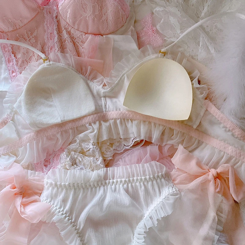 Japanese Soft Sister Sweet Lace Bra & Panties Set Lolita Cute Milk Silk Intimates Super Bowknot Triangle Cup Underwear Suit