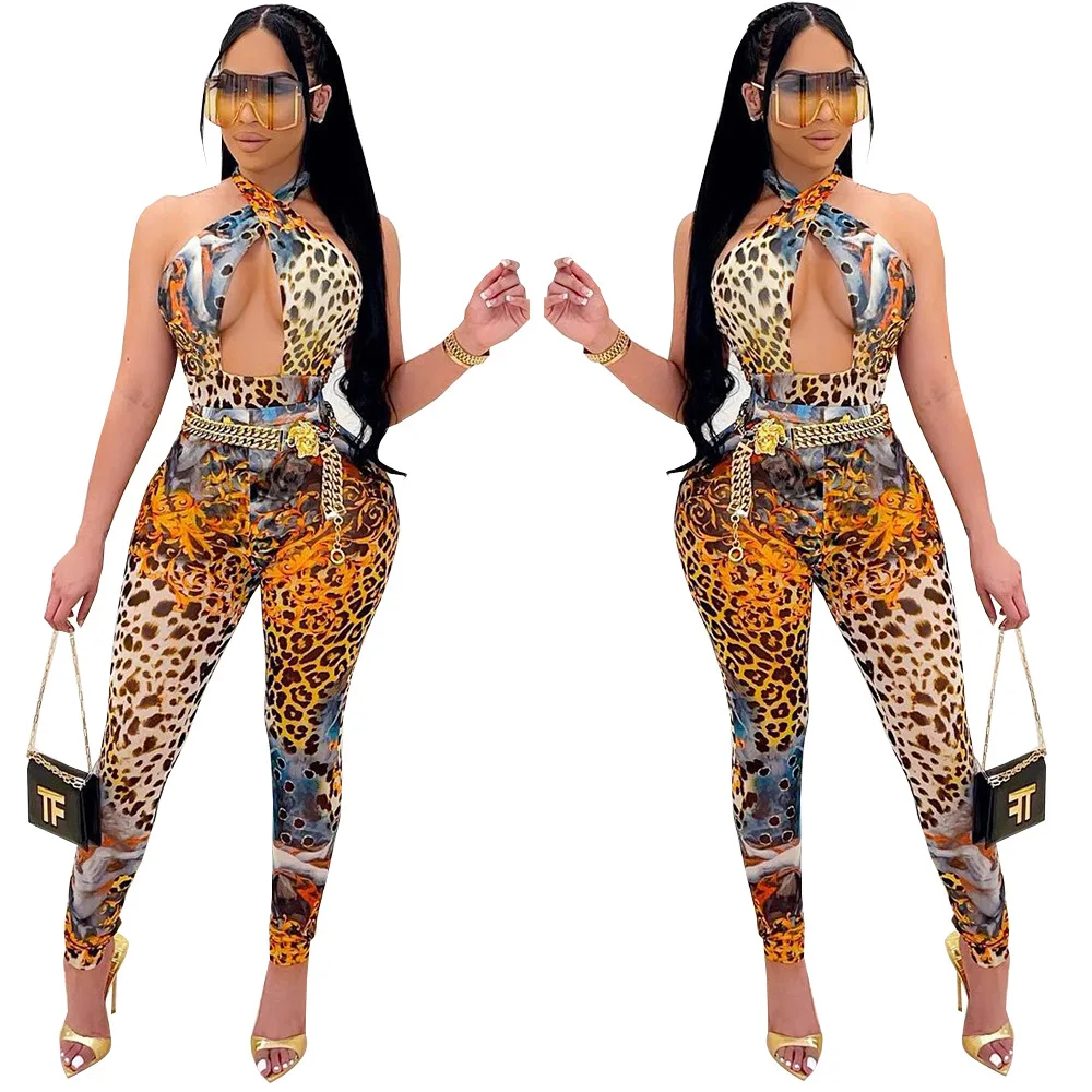 New Strap Women Longleopard Jumpsuit Bodycon Sexy Streetwear Fitness Sportswear 2021 Summer Clothes Lounge Wear Club Outfit Body