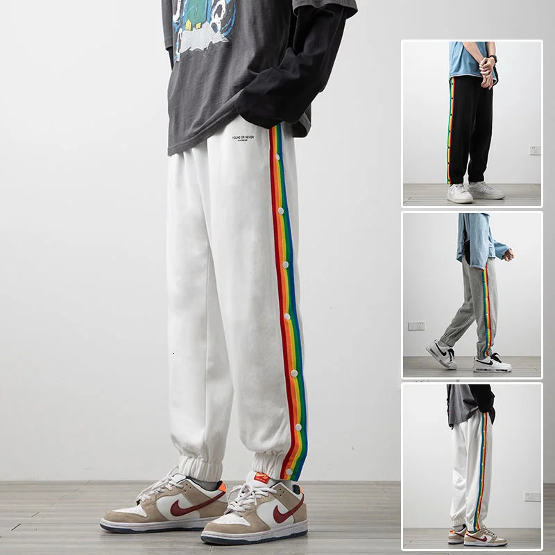 

KEMOY 2021 New Casual Men Pants Loose Fashion Side Rainbow Sports Trousers Male Harajuku Jogger Pants Chic Man Streetwear