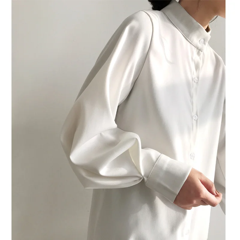 

Shirt Womens Tops Autumn 2021 Office Lady Vintage Full Sleeve Solid Lantern Sleeve Stand Neck Straight Khaki Blue Women Shirts