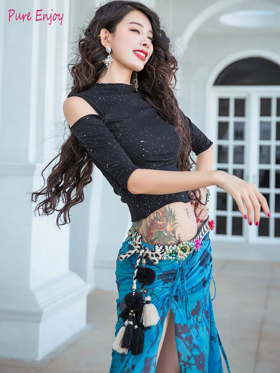 

Comfortable Water gauze Belly Dance Costume Women Top Slit Side Skirt Oriental Dance Short Sleeve Dress Performance clothing