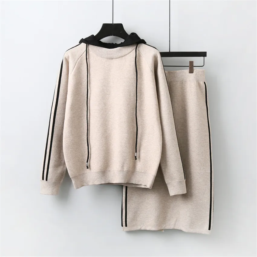 Gowyimmes Autumn Two Piece Women Knitted Sweater+Split Skirt Lady Long Sleeve Hooded Sweaters Tops Female Winter Bottomings 479 | Женская
