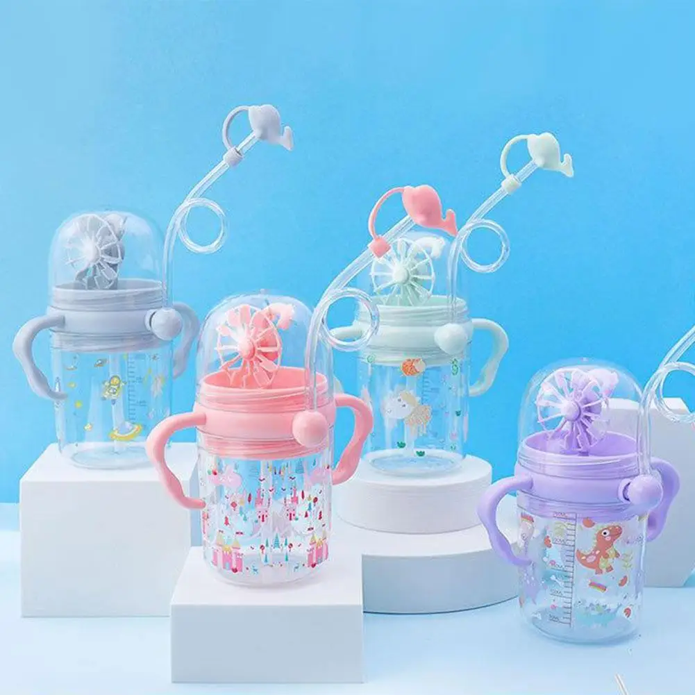 

250ml Cartoon Children Water Cup With Straws Portable Windmill Water Cup Children Fun Water Spray Cup Baby Juice Milk Bottle