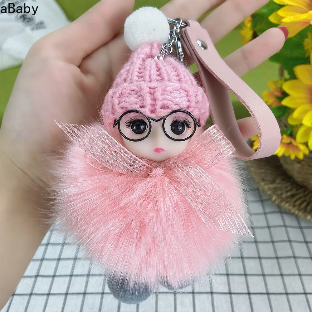 

Pompom Sleeping Baby Keychain Cute Fluffy Plush Doll Keychains Women Girl Bags Keyrings Cars Key Ring Gift Charming Decoration