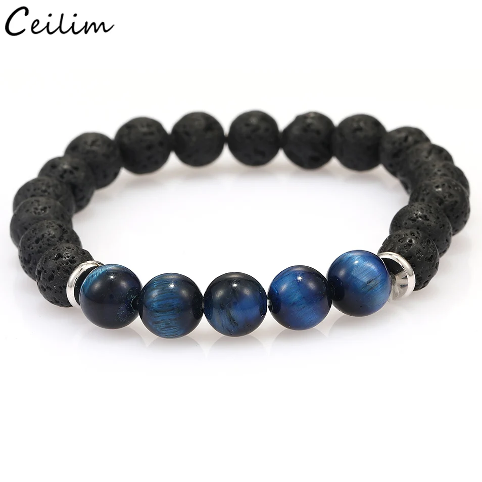 Натуральная черная лава Йога браслет из бисера для мужчин и женщин синие Бусины с
