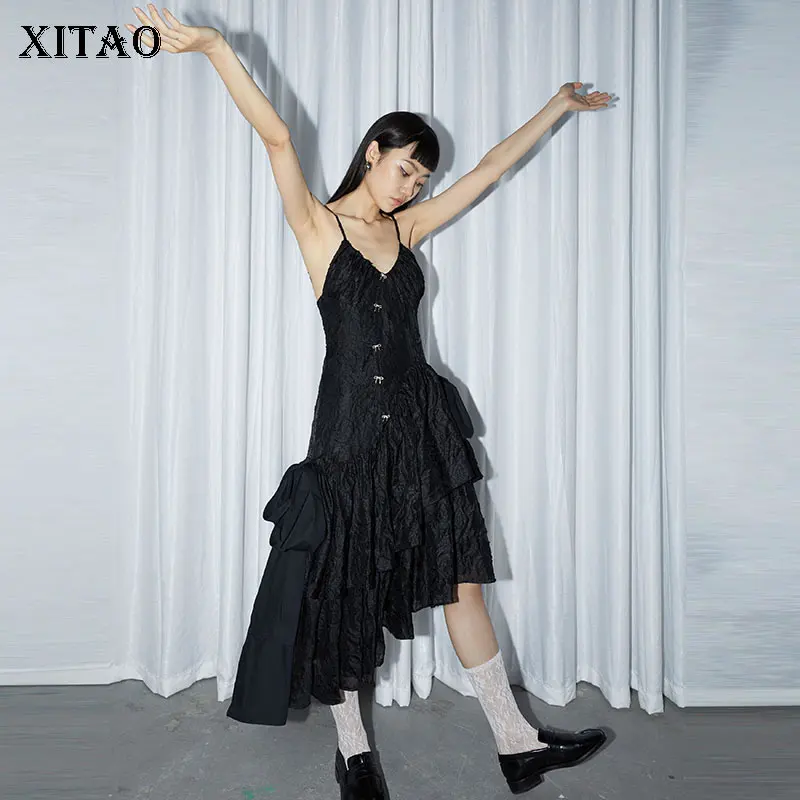 

XITAO асимметричное платье, Модное Новое женское черное платье без бретелек с открытой спиной, 2021 летнее плиссированное платье с оборками, ...