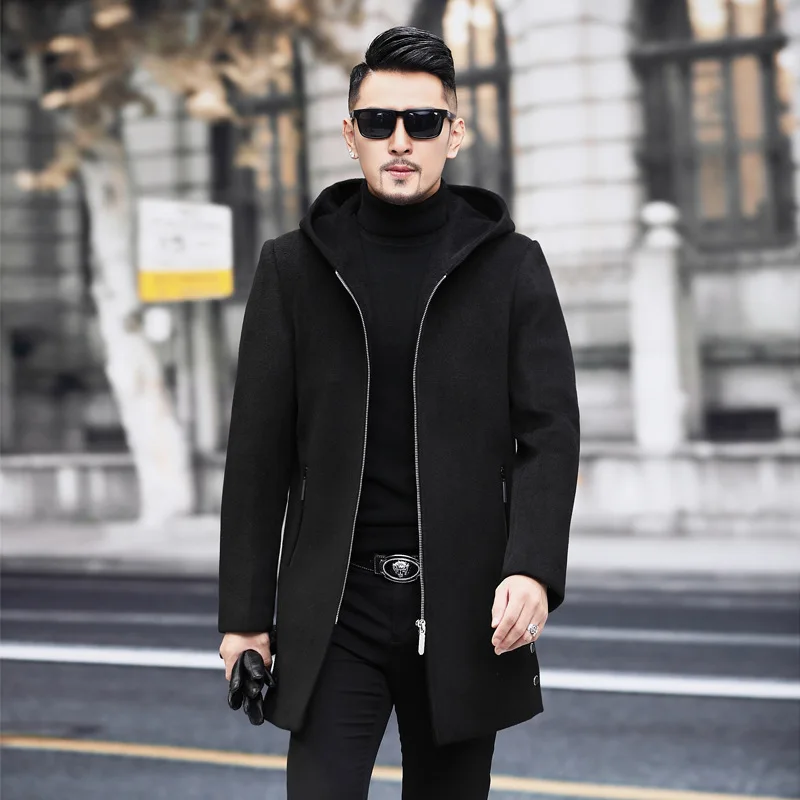 

Mens Woolen Coat Men's Winter Fashion Warm Wool Jacket Coat Men Autumn Hooded Zipper Woolen Trench Jacket Male Clothes Outerwear