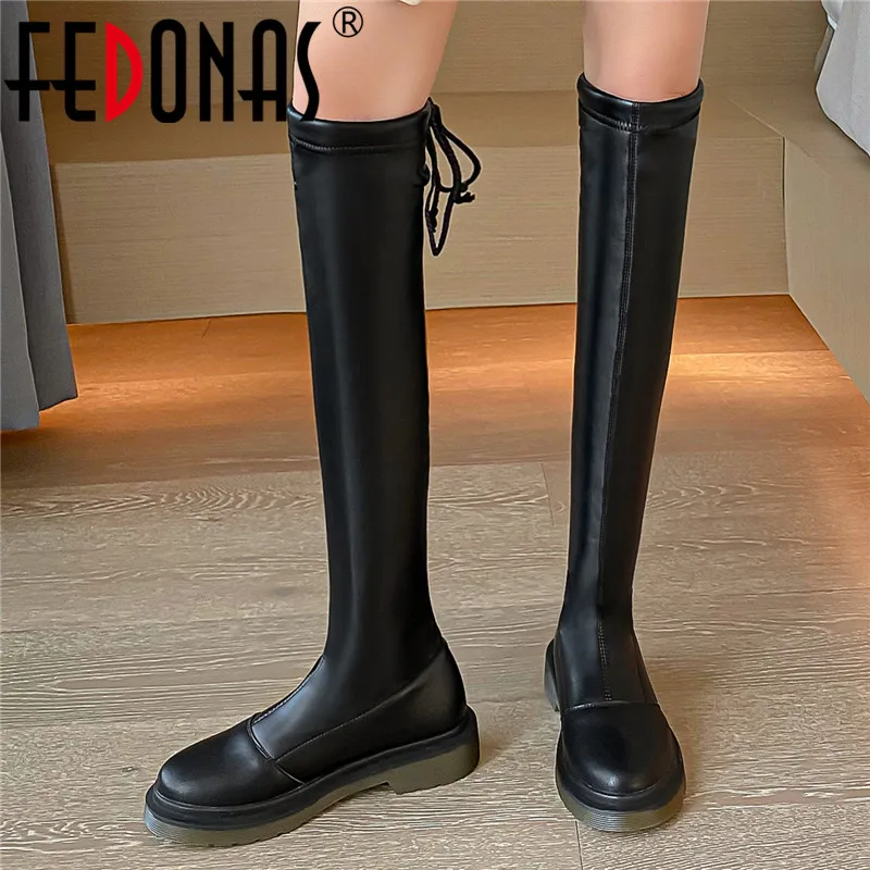 

FEDONAS Cross Tied Over The Knee High Boots 2021 Winter Genuine Leather Low Heels Pumps Newest Night Club Party Shoes Woman