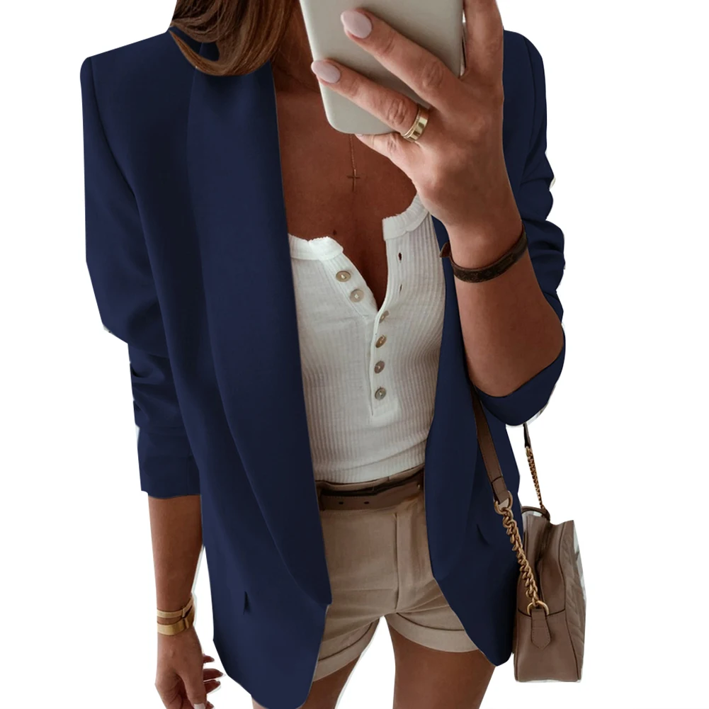 

Casual Blazer Feminino Women Basic Notched Collar Solid Blazer Pockets Chic Tops Office Ladies Retro Single Button Suit Jackets