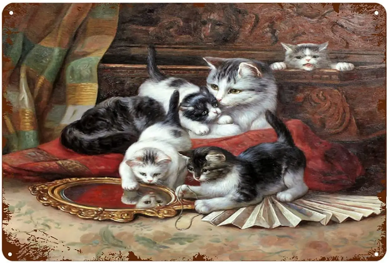 

Cat Metal Tin SignThe cat looks at herself in the mirrorFace Poster Home Bathroom Toilet Living Room Art Wall Decoration