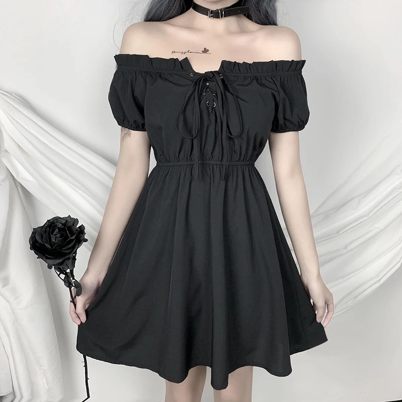 French Sexy Lolita Dress Women High Waist Slash Neck Lace Up A-line Dress Goth Punk Fashion Dark Black Mini Party Dress for Girl stylish round neck flower print mini a line dress for girl