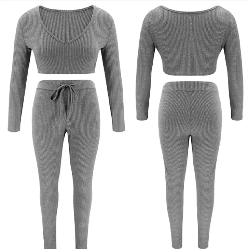 

Autumn Sexy Women Set Long Sleeve 2 Piece Outfits Knitted Tracksuit V-Neck Crop Tops Winter Topy And Long Tight Pants Fashion