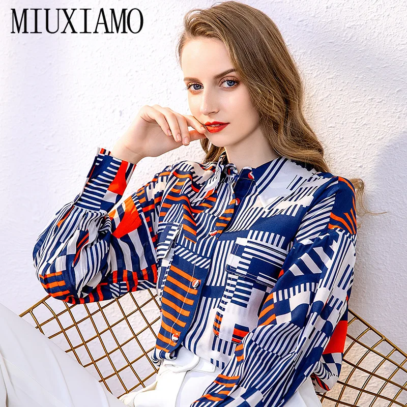 MIUXIMAO 2020 Summer Silk Blouse Shirt Women's Fashion Long Sleeve Vintage Elegant Designer Print Shirt Loose Top Womens Tops
