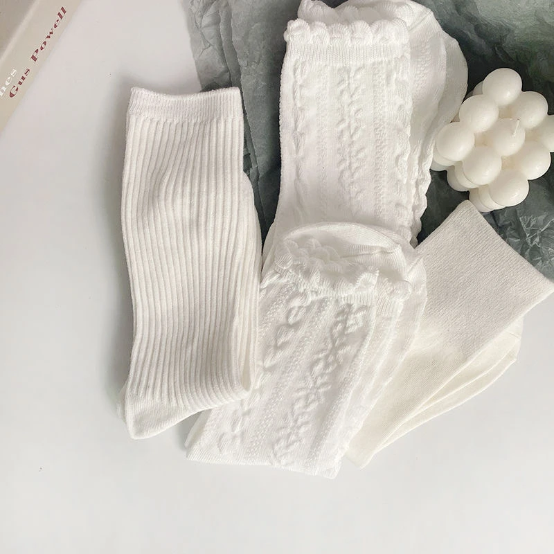 CHAOZHU Black White Jk Uniform School Girls Lolita Cosplay Accessories Socks Girls Cotton Knitting Lace Top Loose Rib Sockken