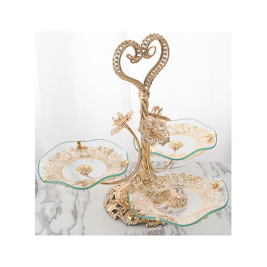 

3 Heades Glass Cake Dessert Gold Fruit Display Plate Stand Food Serving Tray For Home Decor