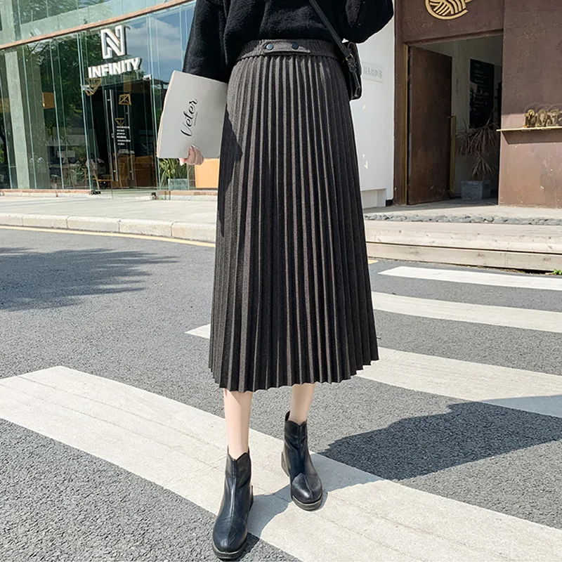 

2021 Fashion A-Line Thick All-Match Mujer Faldas High-Waisted Skirt Women Black Vintage Autumn Winter Female Midi Skirts
