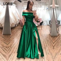 lorie simple satin green evening dresses 2020 off the shoulder boat neck formal prom gown with slit floor length dress plus size