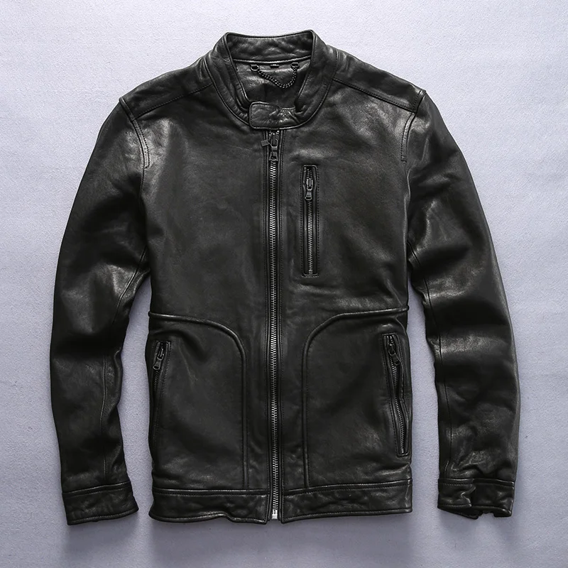 

men's slim fit genuine leather jacket Vegetable tanned sheepskin causl leather jacket men black campera cuero hombre 2022