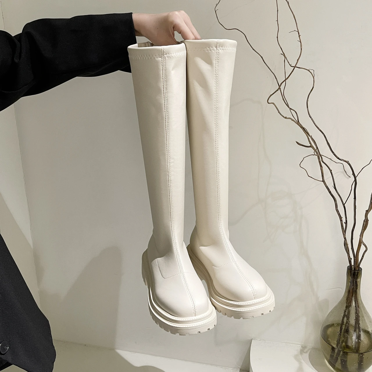 Thigh High Boots Platform Women Slim Thick Sole Knee-High Boots Women Shoes Black Winter Long Motorcycle Boots Botas De Mujer