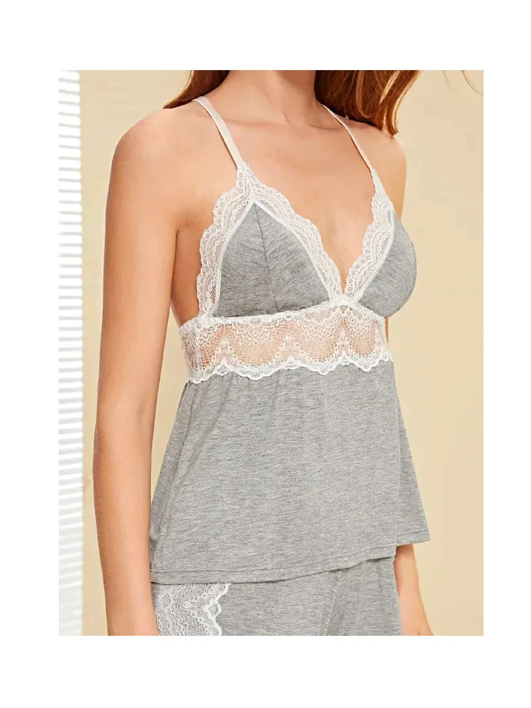 Soft modal pajama set howllow out lace sleepwear cotton nightie cute loungewear women pijama Sexy cami top long panty | Женская одежда