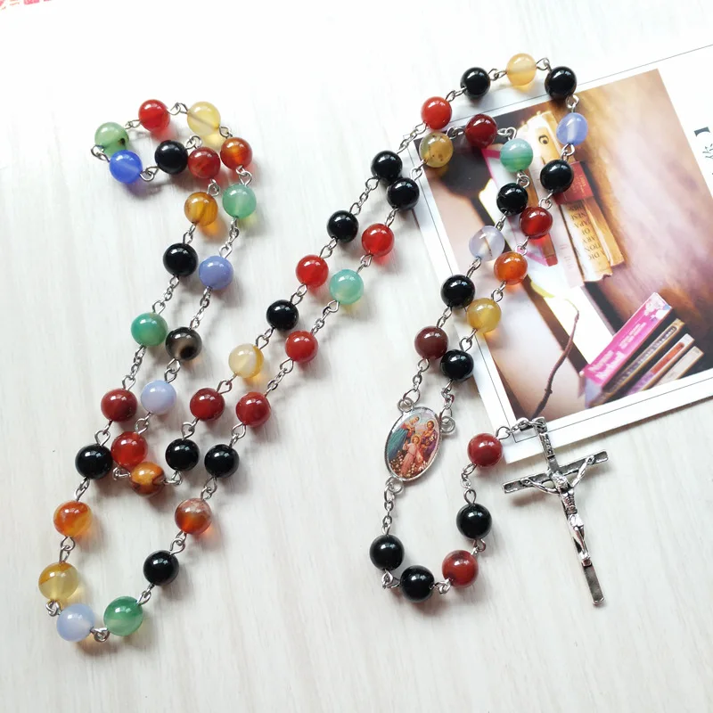 QIGO ожерелье из красочного камня длинный крест с подвеской католические молитвы