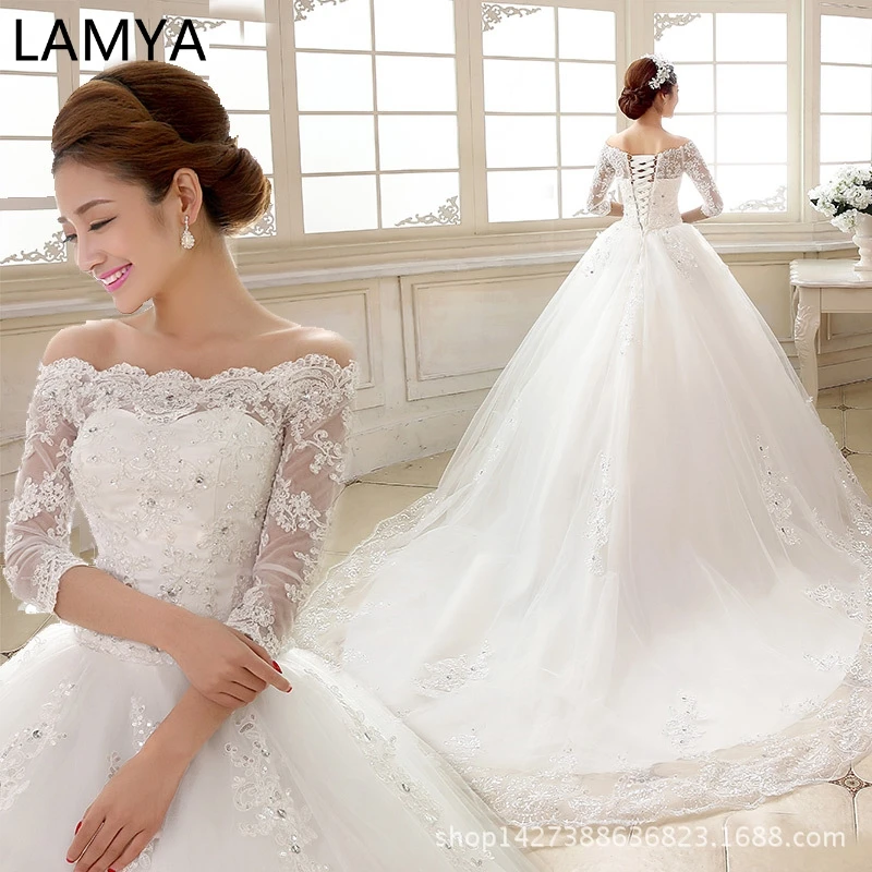 

LAMYA Cheap Court Train Wedding Dress Plus Size Half Sleeve Lace Boat Neck Luxury Crystal Bridal Gowns Custom Vestidos De Novia