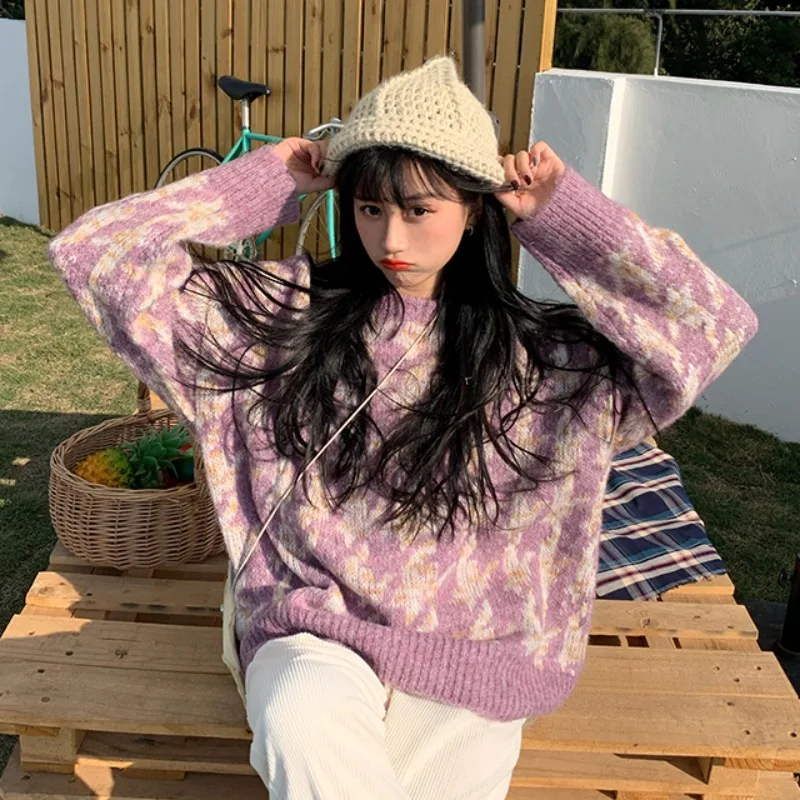 

Осень-зима 2020 одежда свободная Корейская версия нового ленивого стиля Японский ретро свитер с узором