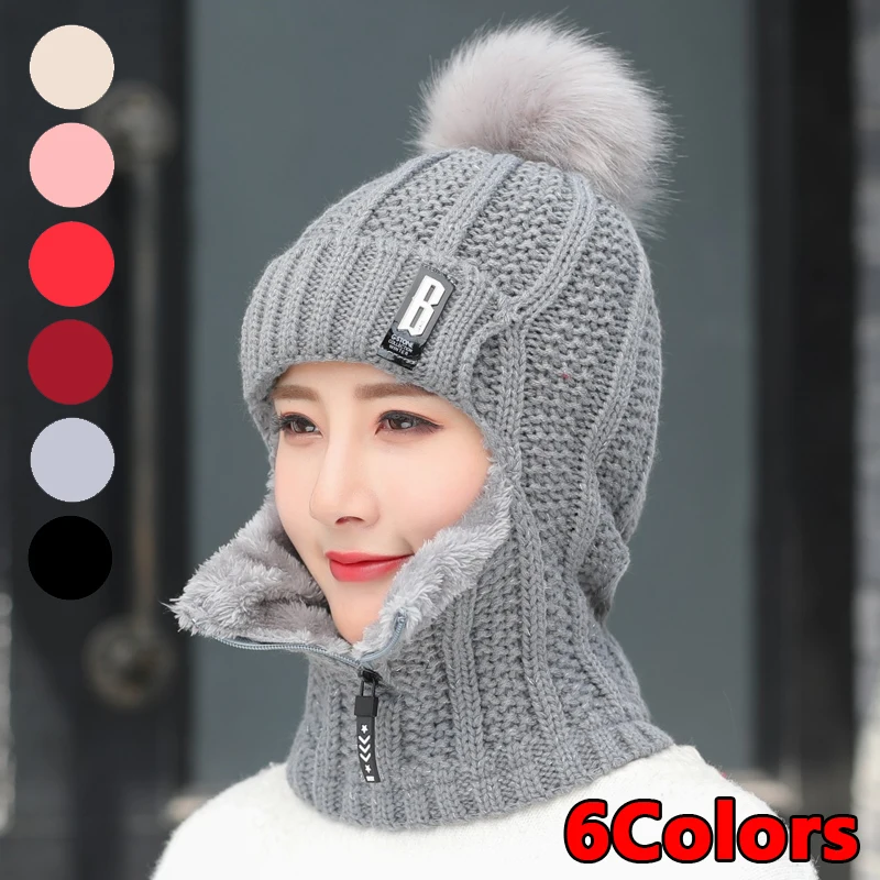 

6Colors Winter Women Knitted Hats Add Fur Lined Warm Winter Hats for Women with Zipper Keep Face Warmer Balaclava Pompoms Cap