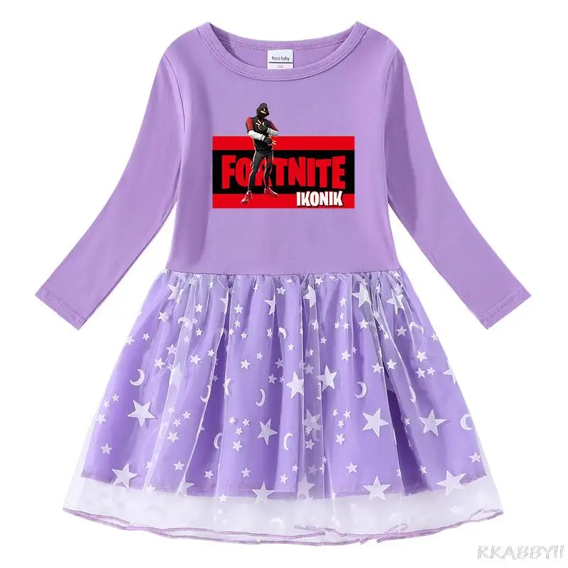 Новинка весна-осень платье для девочек Fortnites хлопковое с мультяшным рисунком