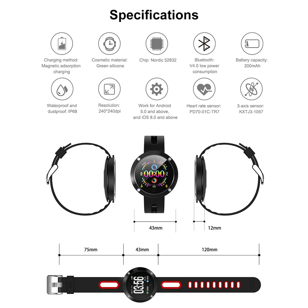 

Heart Rate Bluetooth 4.0 Rechargeable Wristwatch IP68 Waterproof Touch Screen Blood Pressure Smart Watch