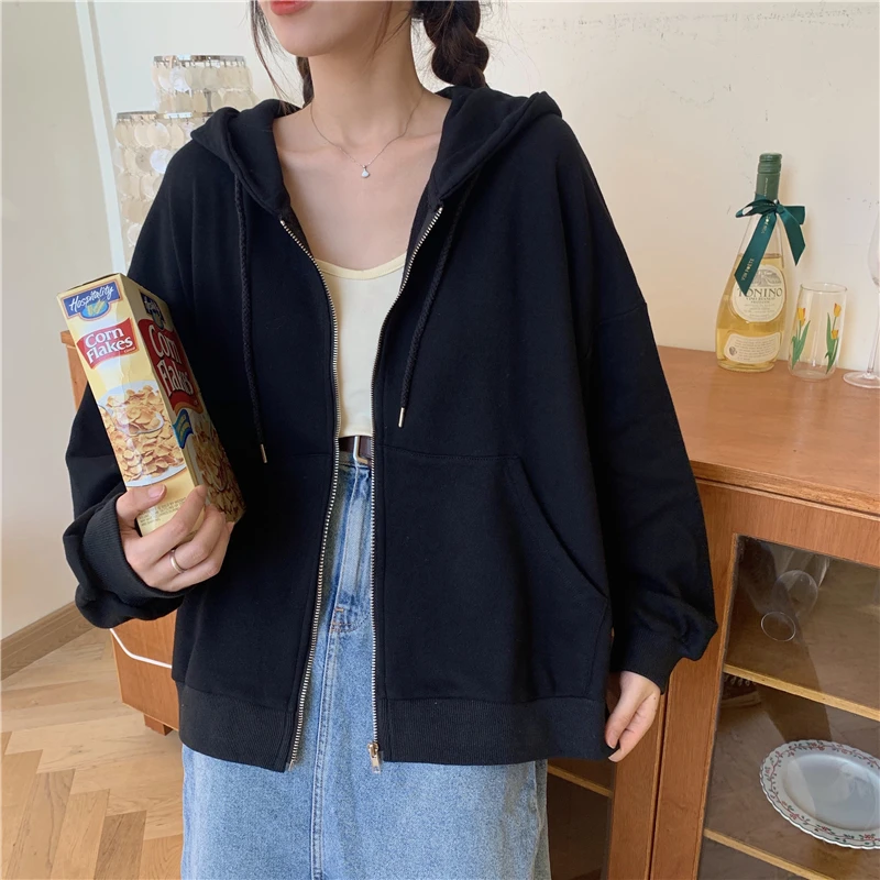 

2021 new Korean loose thin long sleeve hooded sunscreen coat solid color retro shirt student girl sweater cardigan hooded top