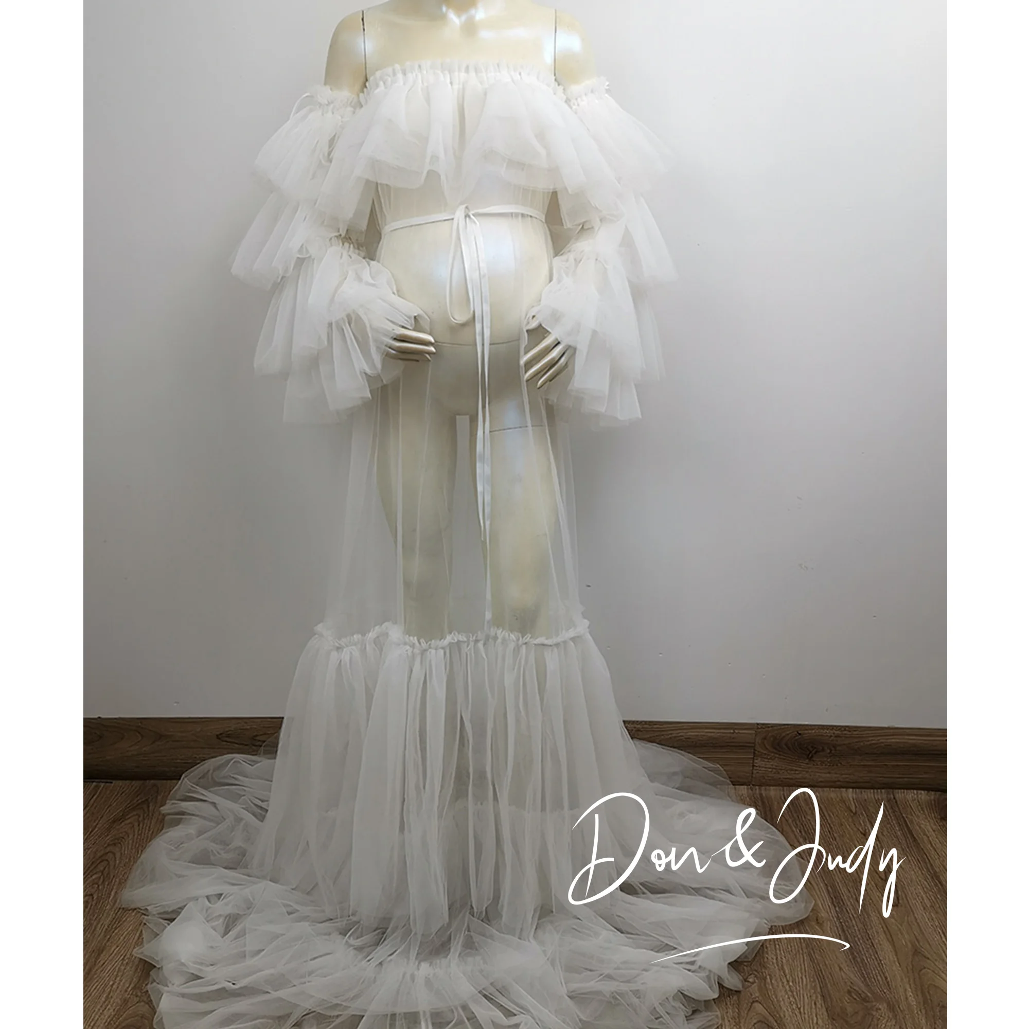 DON&JUDY Elegant Bridal See Through Tulle Maternity Dresses Robes for Photography Puffy Sleeve Fluffy Sheer Robe Photo Shoot